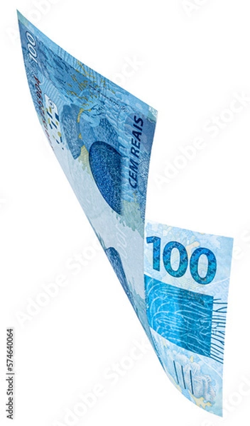 Fototapeta banknote of one hundred reais from brazil falling on isolated white background