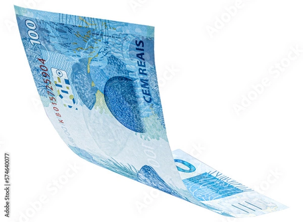 Fototapeta banknote of one hundred reais from brazil falling on isolated white background