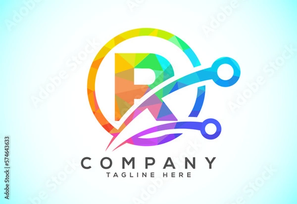 Fototapeta Polygonal low poly R alphabet in a circle with technology sign symbol. Technology logo design concept