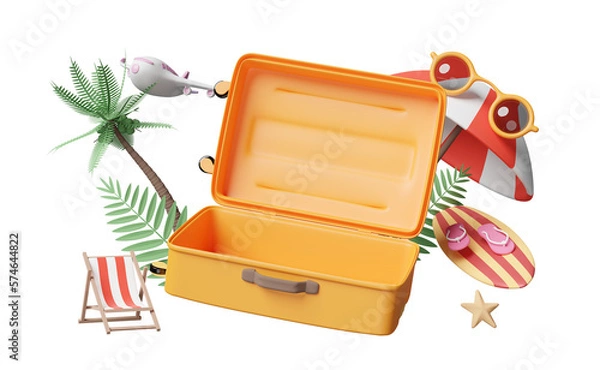 Obraz summer travel with open empty suitcase, beach chair, sunglasses, surfboard, umbrella, coconut tree isolated. concept, 3d illustration render