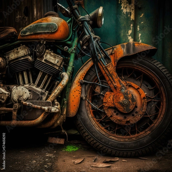 Fototapeta rusty old motorcycle in garage. generative ai
