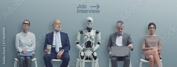 Fototapeta Business people and humanoid robot waiting for a job interview