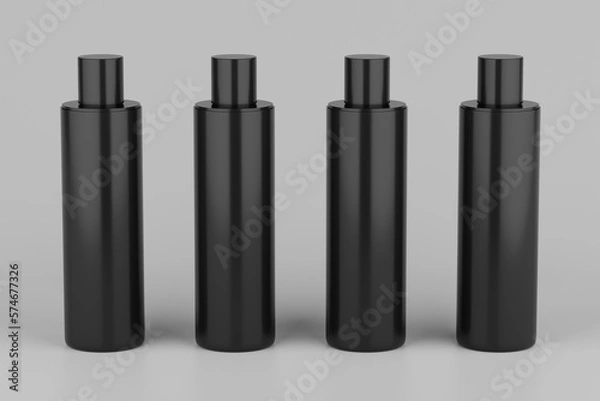 Fototapeta Black Plastic Shampoo  Multiple Cosmetic Bottle Mockup. 3D Rendering
