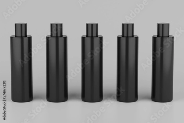 Fototapeta Black Plastic Shampoo  Multiple Cosmetic Bottle Mockup. 3D Rendering