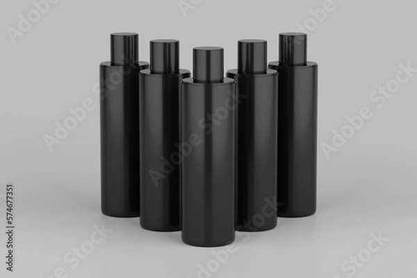 Fototapeta Black Plastic Shampoo  Multiple Cosmetic Bottle Mockup. 3D Rendering