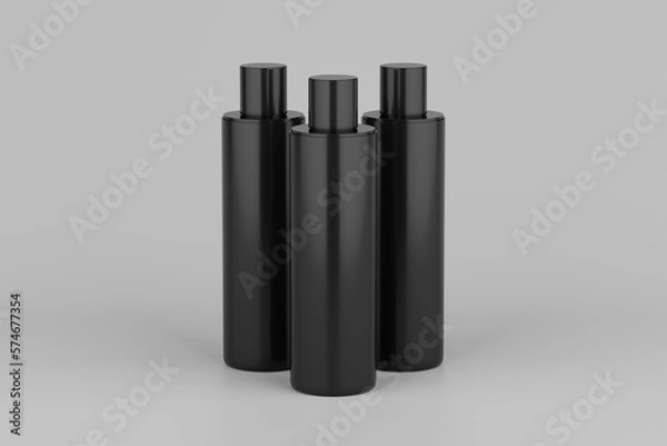 Fototapeta Black Plastic Shampoo  Multiple Cosmetic Bottle Mockup. 3D Rendering