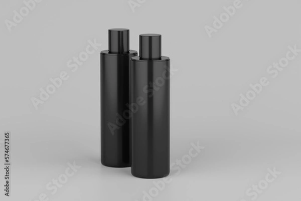 Fototapeta Black Plastic Shampoo  Multiple Cosmetic Bottle Mockup. 3D Rendering