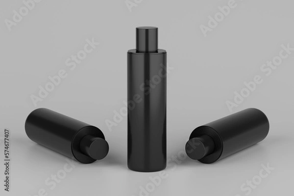 Fototapeta Black Plastic Shampoo  Multiple Cosmetic Bottle Mockup. 3D Rendering