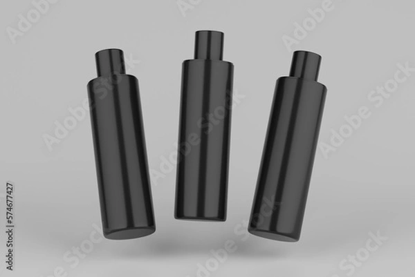 Fototapeta Black Plastic Shampoo  Multiple Cosmetic Bottle Mockup. 3D Rendering