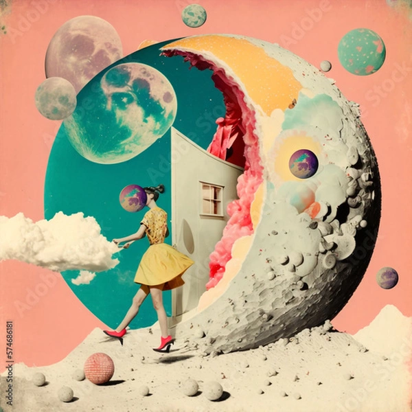 Fototapeta surreal collage of a retro 70s woman in a dreamy background, dream travel concept, pop colors, generative ai illustration