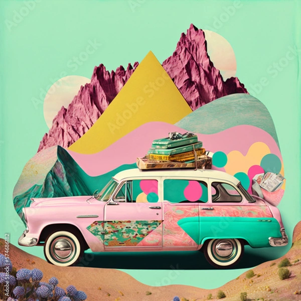 Obraz surreal dreamy pop collage travel theme, vibrant pastel colors, a vintage retro car, generative ai illustration