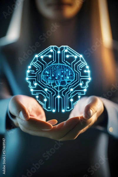 Fototapeta Women holding glowing virtual ai brain icon, generative AI