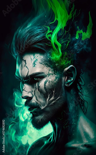 Fototapeta Portrait of a white European man with green vapour representing Taurus. Generative AI