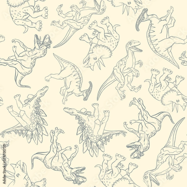 Fototapeta Linear pattern of realistic dinosaurs to decorate a kids book. Vector clipart
