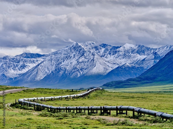 Fototapeta Beautiful rugged and snow-covered Mountain peaks of the Brooks Range in Alaska between the Coldfoot Camp and Prudhoe Bay with the Alaska Oil Pipeline traversing the treeless Tundra