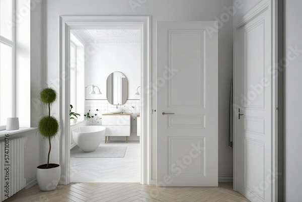 Fototapeta Enter modern bathroom with sink and copy space. Empty rooms have parquet floors and white walls. minimalist interiors. Generative AI