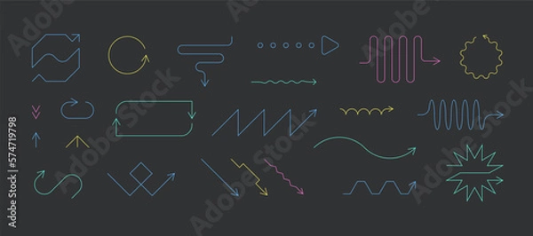 Fototapeta Doodle line arrows. Colorful direction pointers different shapes, various quirky stroke elements. Vector modern set