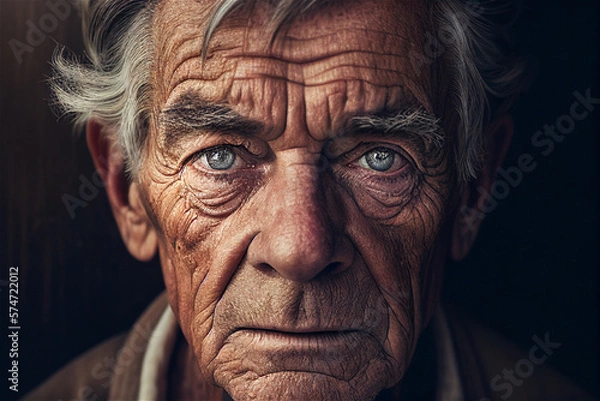 Fototapeta Portrait of old white man with wrinkles looking straight into the camera, illustration generative AI