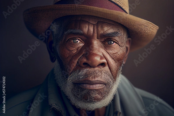 Obraz Portrait of old black man with wrinkles and beard wearing a hat looking straight into the camera, illustration generative AI