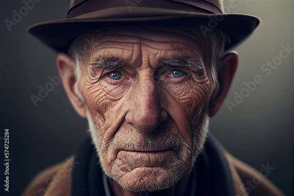 Fototapeta Portrait of old white man with wrinkles and beard wearing a hat looking straight into the camera, illustration generative AI