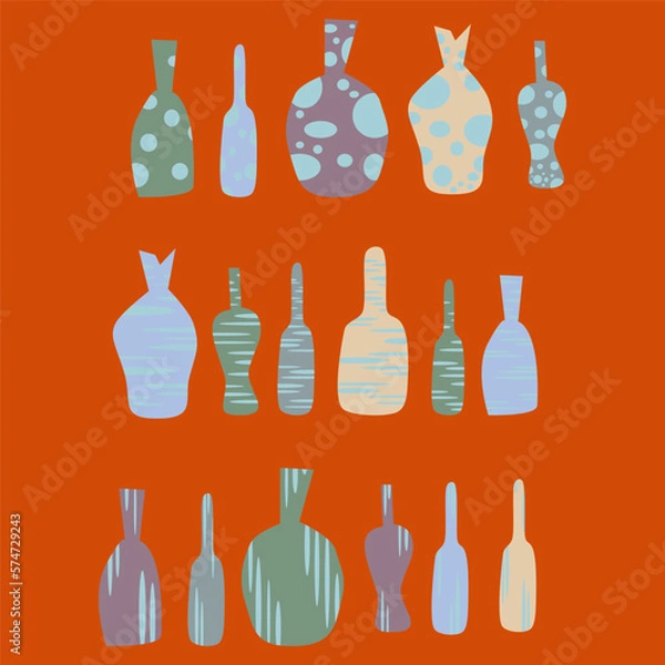 Fototapeta Vector set of abstract colorful elements for graphic design. Simple elements in blue, green, beige, orange colors. Bottles. Hand drawn set of lot of geometric shapes.
