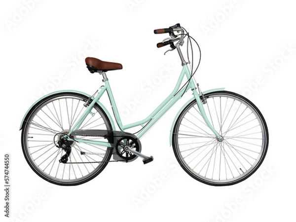 Fototapeta Green retro bicycle, side view. Brown leather saddle and handles. Vintage look city bike. Png isolated on transparent background