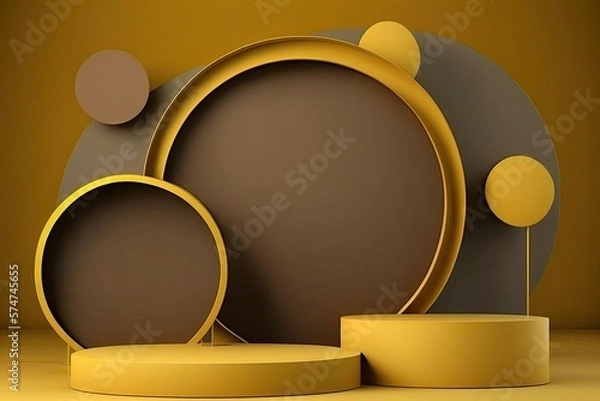 Fototapeta 3D render of a podium scene, Dark yellow product showcase background, Glod frames, Generative AI Digital Illustration
