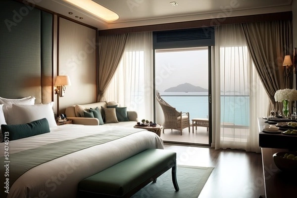 Fototapeta Luxury hotel room with a sea view, Modern interior design, Generative AI Digital Illustration