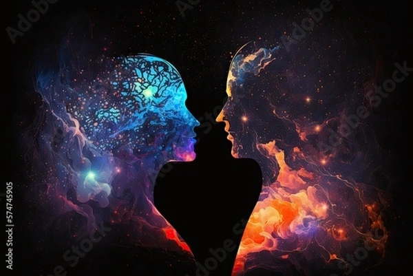 Fototapeta Abstract man and woman silhouette background, Cosmic elements, Generative AI Digital Illustration
