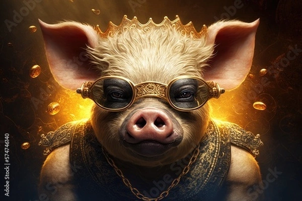 Fototapeta Pig as a businessman character with gold sunglasses and chains, Generative AI Digital Illustration