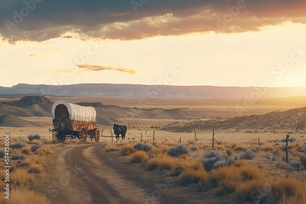Fototapeta A horse and wagon on a trail in the old West. Cowboy movie. A horse and wagon on a trail in the old West. Sunset scene in cowboy movie. Great for stories of the Wild West, pioneers, vintage America.