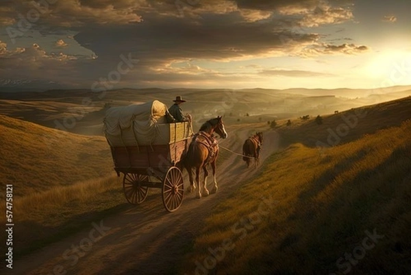 Fototapeta A horse and wagon on a trail in the old West. Cowboy movie. A horse and wagon on a trail in the old West. Sunset scene in cowboy movie. Great for stories of the Wild West, pioneers, vintage America.