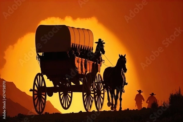 Fototapeta A horse and wagon on a trail in the old West. Cowboy movie. A horse and wagon on a trail in the old West. Sunset scene in cowboy movie. Great for stories of the Wild West, pioneers, vintage America.