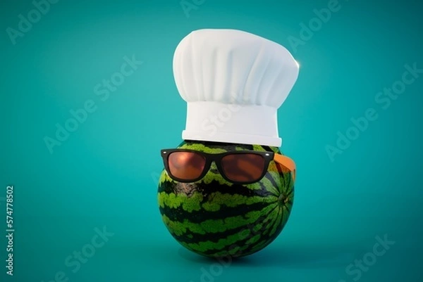 Fototapeta a large watermelon in sunglasses and a chef's hat on a turquoise background. 3D render