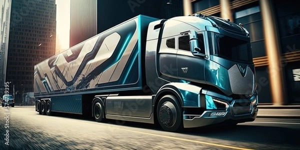 Fototapeta beautiful futuristic truck in the city in the background, generative ai