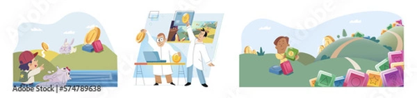 Fototapeta Play to earn, video games in which player can receive rewards with real value, blockchain projects. Cyber cartoon characters playing games to earn cryptocurrencies, trying to find money and power ups