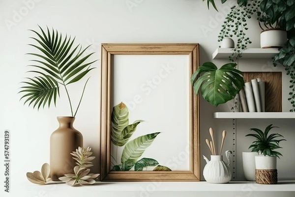 Fototapeta A vintage white shelf holds a wooden frame and flowers. Generative AI
