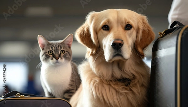 Fototapeta Cat and dog at the airport. Concept of traveling with pets. Generative AI.