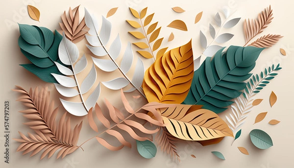 Fototapeta creative leaves on a white background. Seasonal poster in trendy paper cut style generative ai,