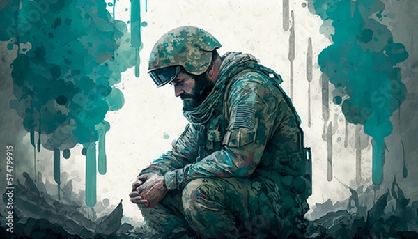Fototapeta Artistic Expression of a Veteran's Struggle with PTSD, painting.  Generative AI
