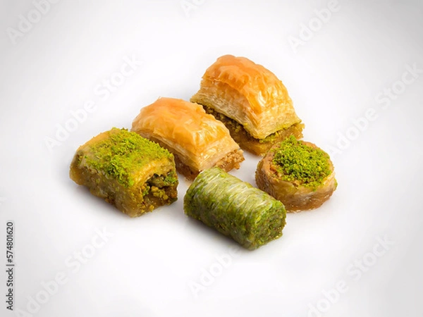 Fototapeta Baklava Varieties with Pistachio and Walnut White Background