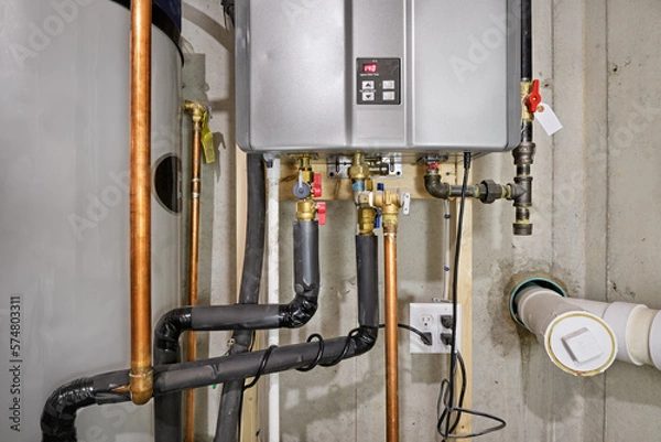 Fototapeta Condensing tankless hot water heater connected to a recirculation system and storage tank