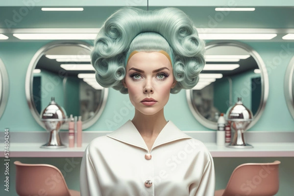 Fototapeta Futuristic portrait of a woman in pastel colors made in the retro style of the 60s and 70s. The concept of a hairdresser and beauty salon. Generative ai