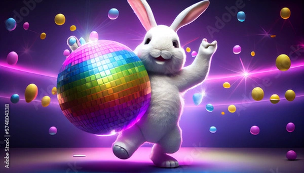 Fototapeta Easter bunny on the dance floor in disco style. Easter eggs are stylized as a disco ball. Generative AI. artificial intelligence work