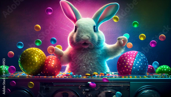 Fototapeta Easter bunny on the dance floor in disco style. Easter eggs are stylized as a disco ball. Generative AI. artificial intelligence work