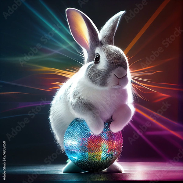 Fototapeta Easter bunny on the dance floor in disco style. Easter eggs are stylized as a disco ball. Generative AI. artificial intelligence work