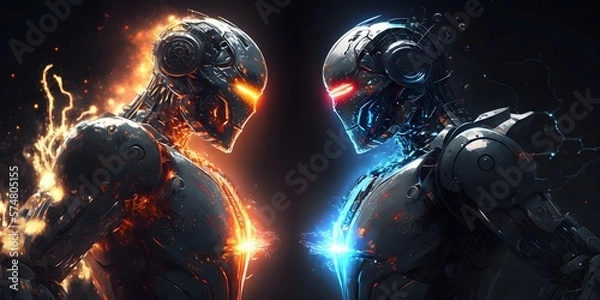 Fototapeta Two robots in an epic duel face each other (Generative AI)
