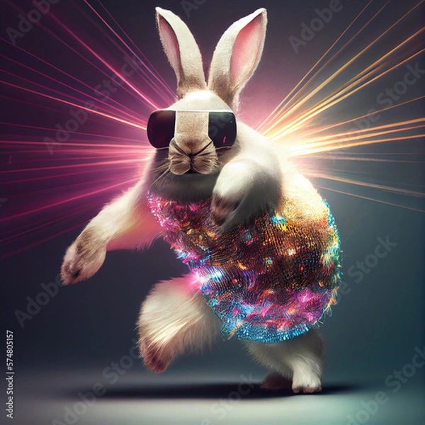 Fototapeta Easter bunny on the dance floor in disco style. Easter eggs are stylized as a disco ball. Generative AI. artificial intelligence work