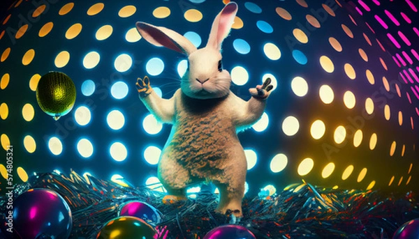 Fototapeta Easter bunny on the dance floor in disco style. Easter eggs are stylized as a disco ball. Generative AI. artificial intelligence work