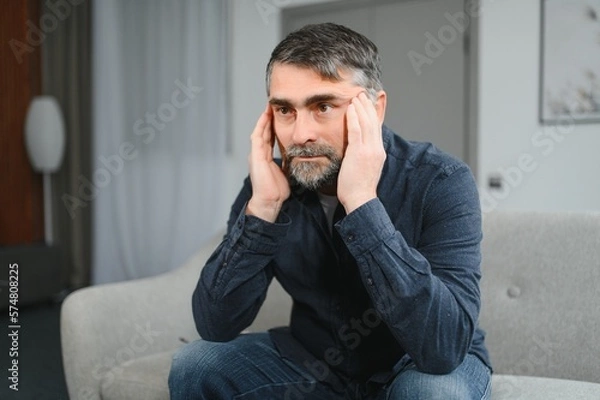 Fototapeta Sad stressed troubled mature middle-aged man sitting on the couch, missing his friends, feeling bad unwell unhealthy, suffering from depression at home